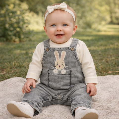 Seturi diverse - Salopeta bebe fetite gri cu bluzita alba si imprimeu iepuras Murat