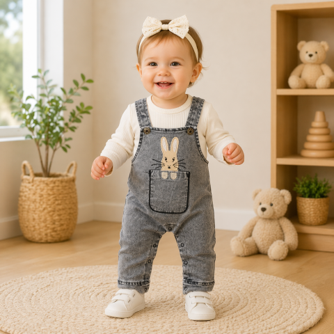 Seturi diverse - Salopeta bebe fetite gri cu bluzita alba si imprimeu iepuras Murat