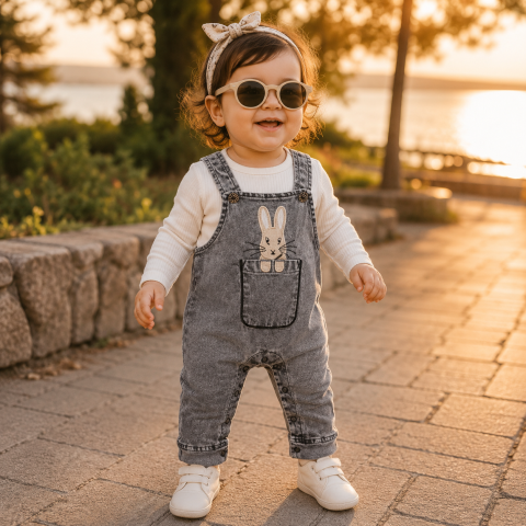 Seturi copii si bebelusi - Salopeta bebe fetite gri cu bluzita alba si imprimeu iepuras Murat