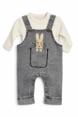 Salopeta bebe fetite gri cu bluzita alba si imprimeu iepuras Murat [1]