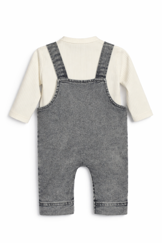 Salopeta bebe fetite gri cu bluzita alba si imprimeu iepuras Murat [2]