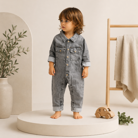 Salopete baieti - Salopeta blugi gri bebelusi baieti cu buzunare Murat