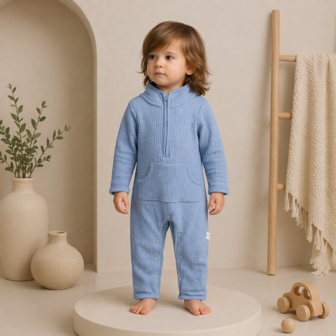 Salopete baieti - Salopeta bumbac albastru bebelusi baieti cu fermoar Murat