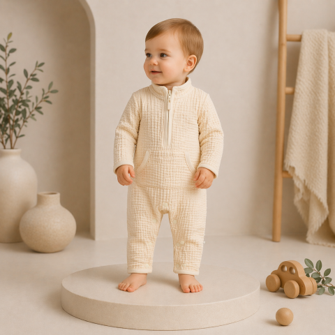 Salopete baieti - Salopeta bumbac crem bebelusi baieti cu fermoar Murat