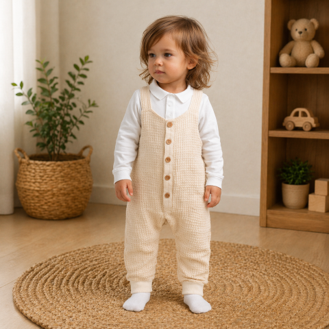 Salopete baieti - Set salopeta bumbac texturat crem cu body bebelusi baieti Murat