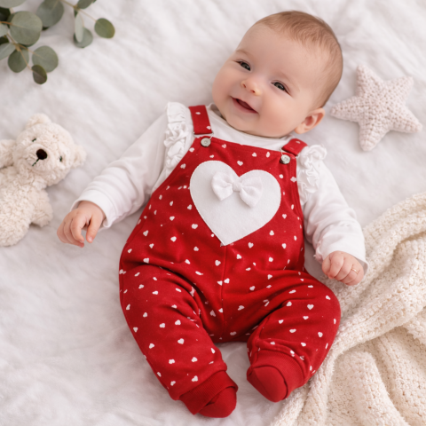 Salopeta pentru fetite, 2 piese, model Little heart, Rosu [2]