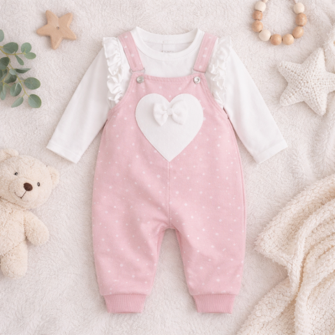 Salopeta pentru fetite, 2 piese, model Little heart, Roz [1]