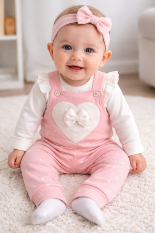 Salopete fetite - Salopeta pentru fetite, 2 piese, model Little heart, Roz