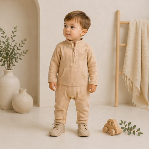 Salopete baieti - Salopeta bumbac bej bebelusi baieti cu fermoar Murat