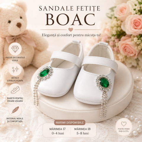 Sandale - Sandale fetite BOAC albe cu piatra verde eleganta