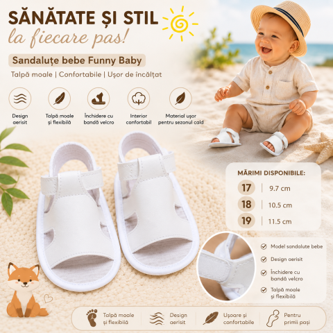Sandale - Sandalute bebe Funny Baby talpa moale albe