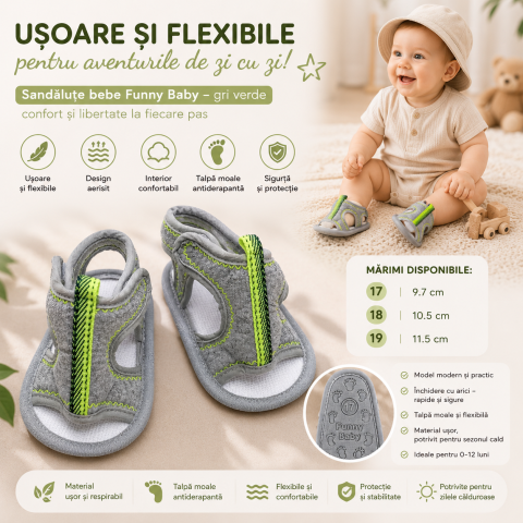 Sandale - Sandalute bebe Funny Baby usoare si flexibile gri 4-18 luni
