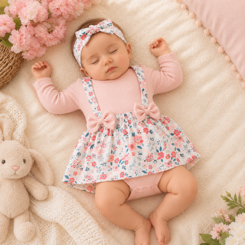 Rochite - Sarafan cu body ROZ pudra - Little flowers