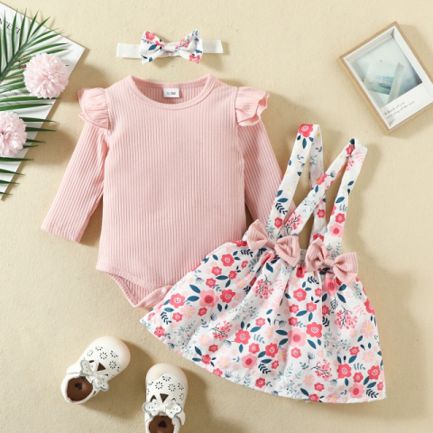 Rochite cu maneca lunga - Sarafan cu body ROZ pudra - Little flowers