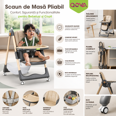 Scaun de masa bebe crem pliabil cu 2 tavite si Husa Detasabile, spatar reglabil si roti [2]