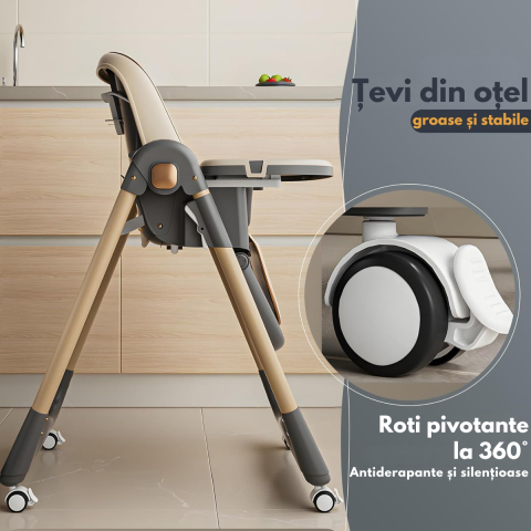 Scaun de masa bebe crem pliabil cu 2 tavite si Husa Detasabile, spatar reglabil si roti [3]