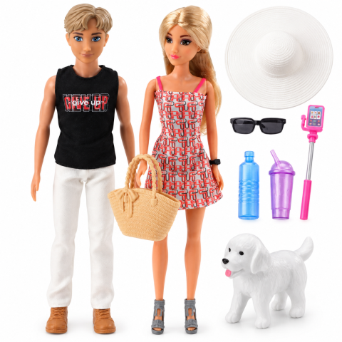 Papusi - Set 2 papusi Anlily, fata si baiat 30 cm, cu catelus si accesorii pentru plimbare, 3 ani+