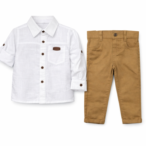 Seturi diverse - Set 2 piese camasa alba si pantaloni maro baieti Oryeda