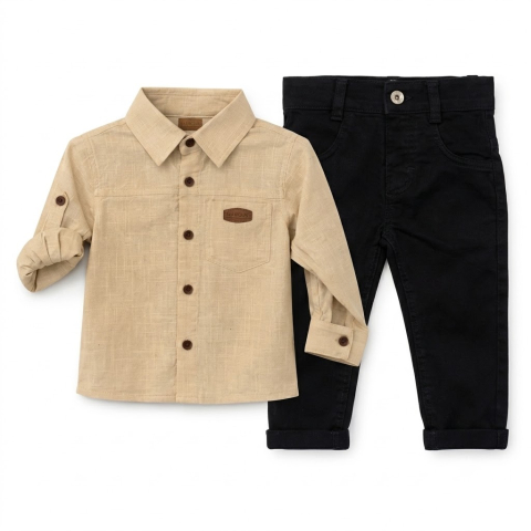 Seturi copii si bebelusi - Set 2 piese camasa bej si pantaloni bleumarin baieti Oryeda 74|80|86|92