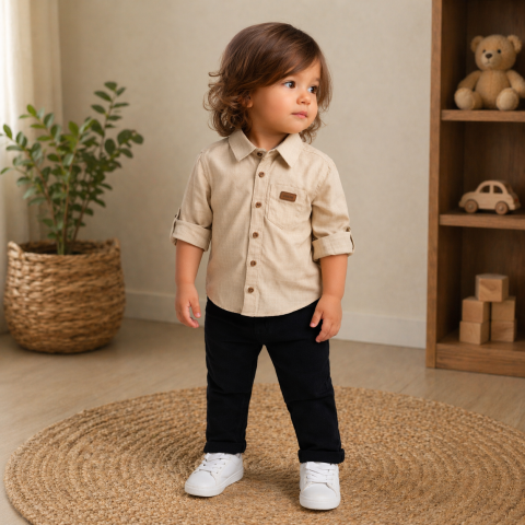 Seturi diverse - Set 2 piese camasa bej si pantaloni bleumarin baieti Oryeda