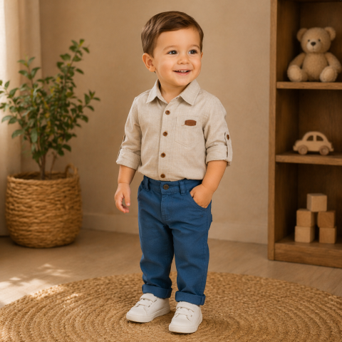 Seturi diverse - Set 2 piese camasa gri si pantaloni albastri baieti Oryeda