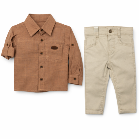 Seturi diverse - Set 2 piese camasa maro si pantaloni bej baieti Oryeda