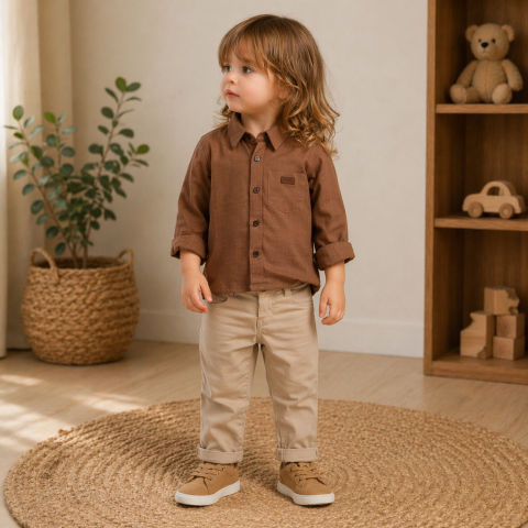 Seturi diverse - Set 2 piese camasa maro si pantaloni bej baieti Oryeda