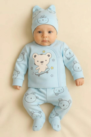 Set bluzita si pantaloni - Set 3 piese Babycan pentru nou-nascuti, model ursulet 100% bumbac - Albastru