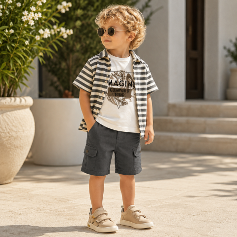 Imbracaminte - Set 3 piese baieti camasa, maiou si bermude COMFORT bumbac albastru 3-6 ani