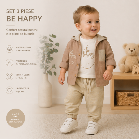 Compleuri baieti - Set 3 piese baieti tricou camasa si pantaloni maro