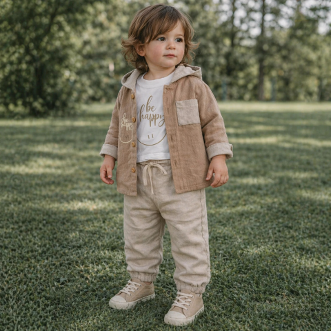 Compleuri baieti - Set 3 piese baieti tricou camasa si pantaloni maro