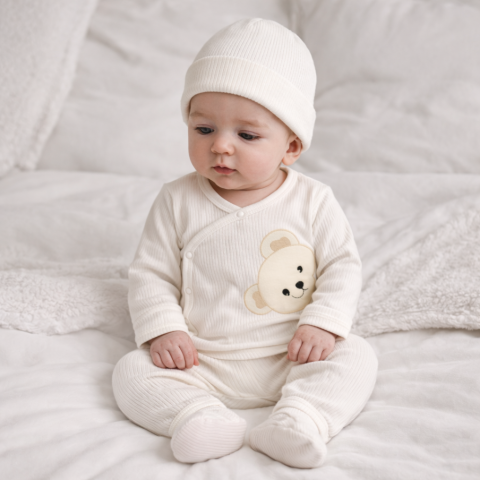 Set 3 piese body caciula si pantaloni nana baby 0-3 luni cu broderie ursulet [1]