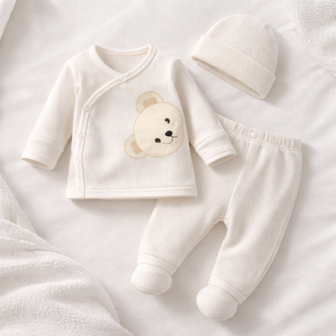 Imbracaminte - Set 3 piese body caciula si pantaloni nana baby 0-3 luni cu broderie ursulet