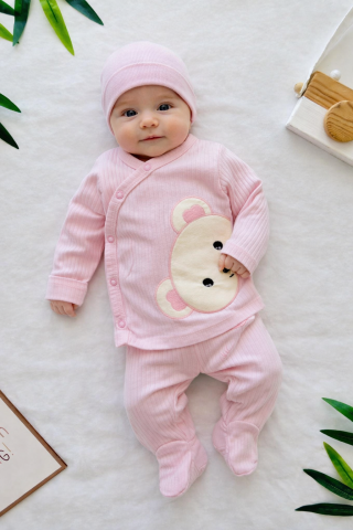 Set 3 piese body caciula si pantaloni nana baby 0-3 luni cu ursulet Roz [2]