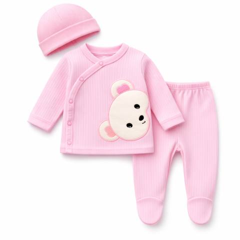 Seturi nou nascuti (0-3 luni) - Set 3 piese body caciula si pantaloni nana baby 0-3 luni cu ursulet Roz