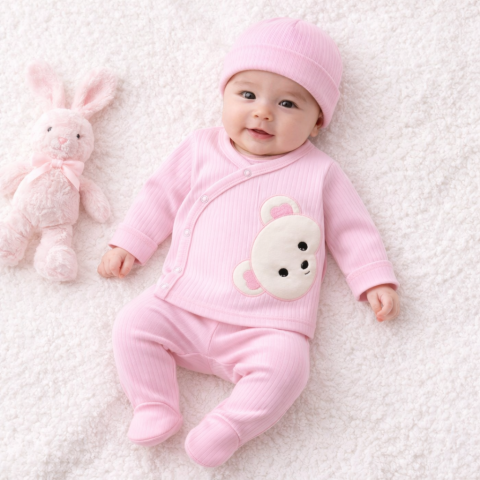 Seturi nou nascuti (0-3 luni) - Set 3 piese body caciula si pantaloni nana baby 0-3 luni cu ursulet Roz