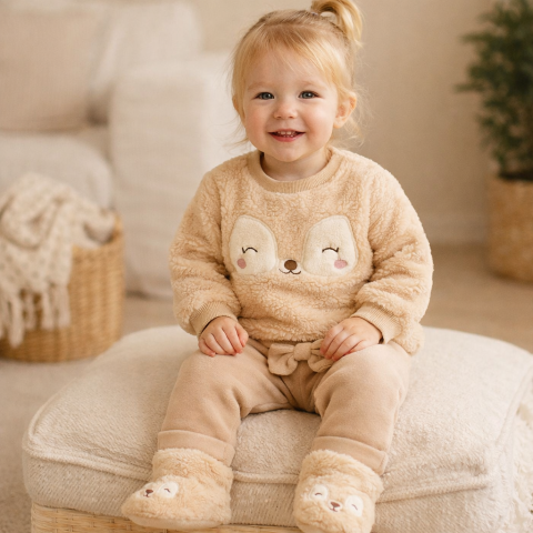 Imbracaminte - Set 3 piese Welsoft – bluzita, pantaloni si ghetute – material pufos - Crem