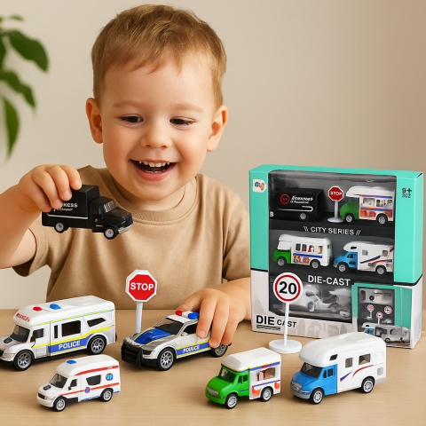 Jucarii Copii - Set 4 Masinute Metalice 1:87 cu Frictiune – Ambulanta, Rulota, Autospeciala Livrare si Van Ice Cream