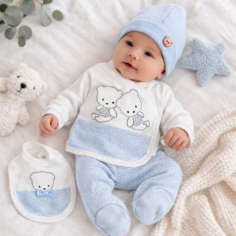 Seturi nou nascuti (0-3 luni) - Set 5 piese pentru nou nascuti, model cu Ursuleti - Albastru