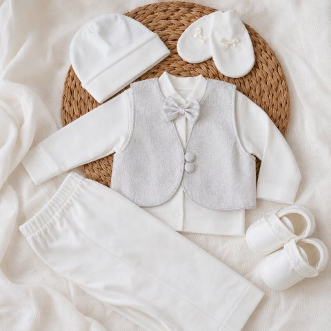 Set 6 piese botez - Set 6 piese botez Babyshah bluzita vesta papion manusi botosei si pantaloni bumbac silver 3-6 luni
