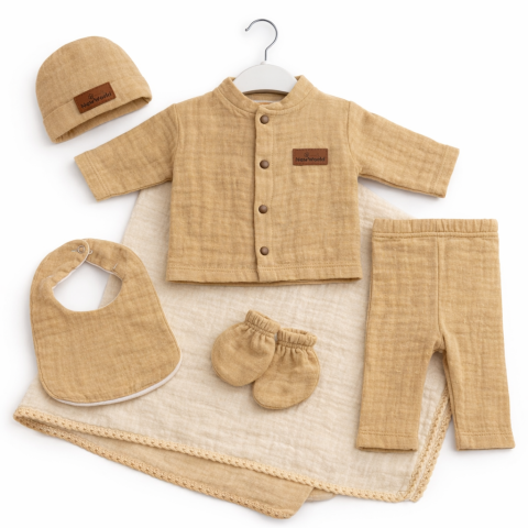 Set bluzita si pantaloni - Set 6 piese pentru Nou Nascuti, Muselina maro