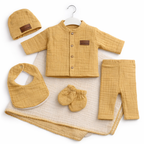 Set bluzita si pantaloni - Set 6 piese pentru Nou Nascuti, Muselina galben