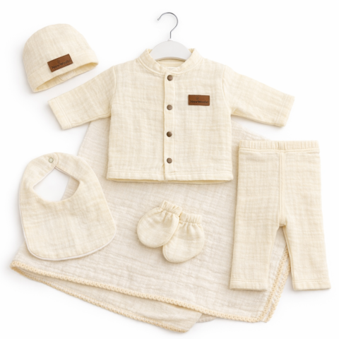 Set bluzita si pantaloni - Set 6 piese pentru Nou Nascuti, Muselina Crem