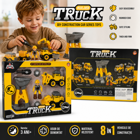 Vehicule de constructii - Set asamblare santier cu muncitor, utilaje si surubelnita 3+ ani