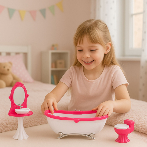 Papusi - Set Baie pentru Papusi: Cada, Toaleta, Lavoar cu Oglinda