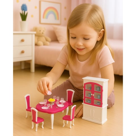 Papusi - Set Sufragerie pentru Papusi: Masa, Scaune, Comoda si Vesela