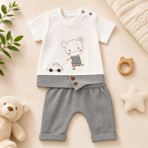 Set 2 piese tricou si pantaloni - Set bebe 2 piese bumbac babyim tricou si pantaloni - Albastru