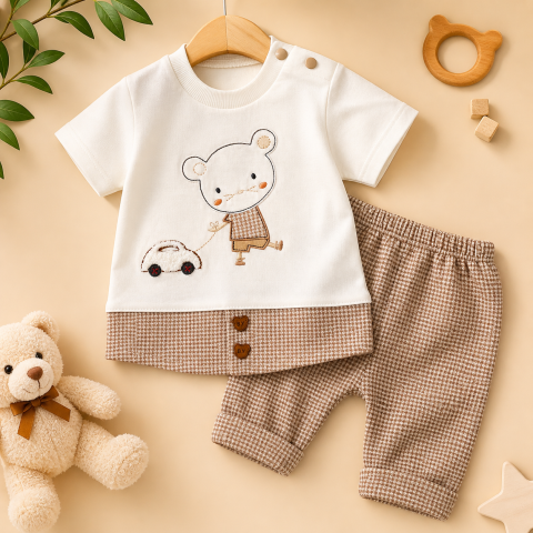 Set 2 piese tricou si pantaloni - Set bebe 2 piese bumbac babyim tricou si pantaloni bej