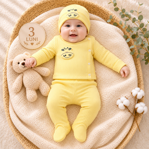 Imbracaminte - Set bebe 3 piese galben din bumbac nanababy