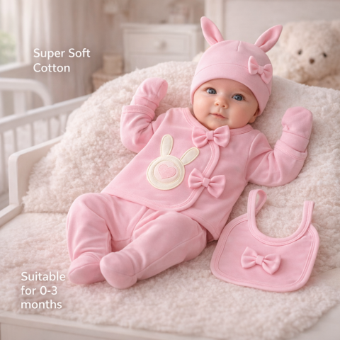 Seturi nou nascuti (0-3 luni) - Set bebe 5 piese bumbac iepure roz 0-3 luni